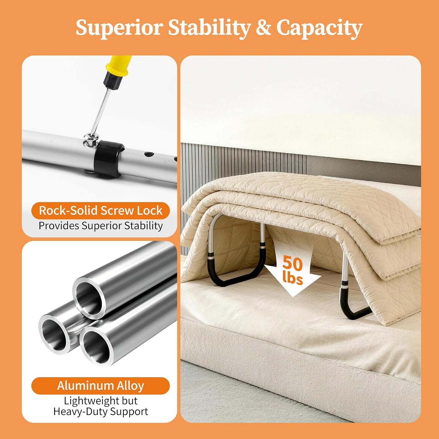 Blanket Lifter for Feet, Height Adjustable Blanket Lifters for Foot of Bed with Non-Slip Foam & 4 Quilt Clips, Aluminum Alloy Bed Cradle for Feet Surgery Recovery, Arthritis