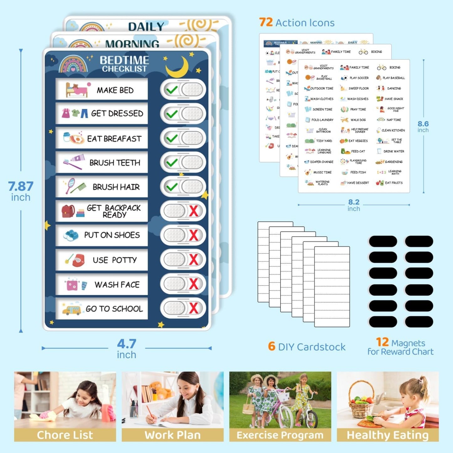 CustomMaster 3 in 1 Bedtime/Morning/Daily Routine Chart for Kids, Magnetic Chore Chart for Kid, Visual Schedule for Kid Toddlers