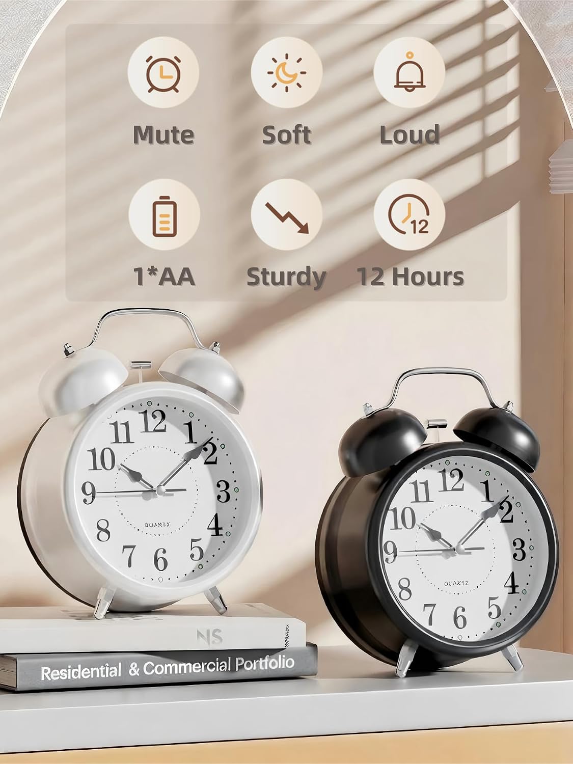 4 Inches Analog Alarm Clocks Retro Backlight Cute Simple Design with Night Light Silent Non-Ticking Battery Operated [Red]