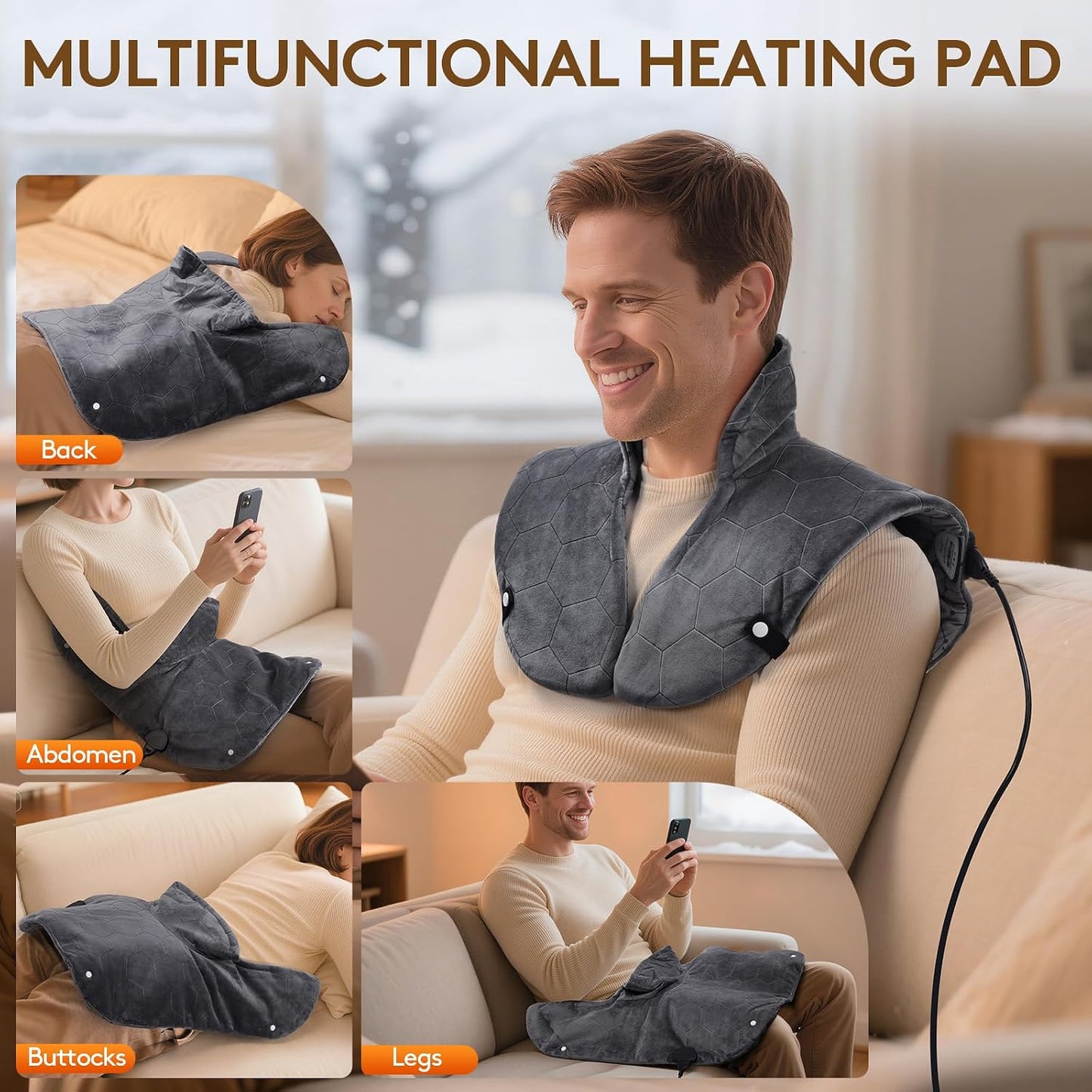 UTK 30s Fast Heating Pad for Neck and Shoulders and Back, Far Infrared Graphene Wrap with 6X Deeper Pain-Relief, 8 Heat Levels, Auto Shut-Off & Memory, 24"x20" Weighted Heating Pads Gift (Grey)