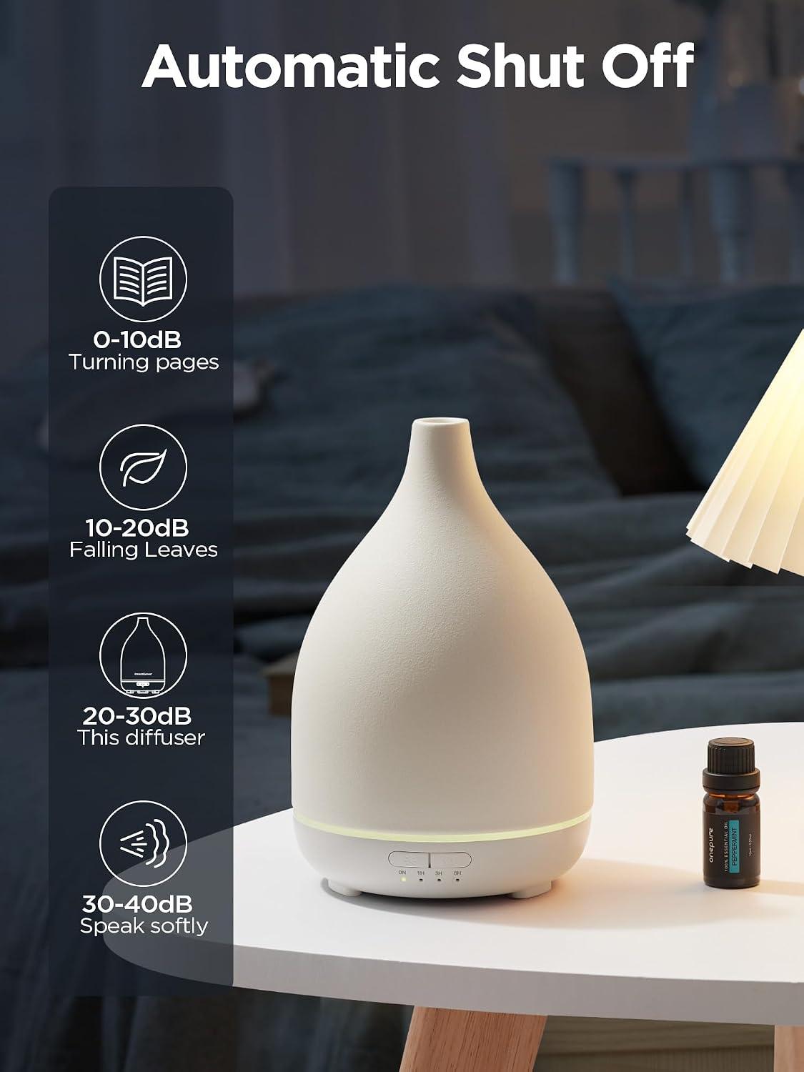 InnoGear Oil Diffuser, 300ML Ceramic Diffuser for Essential Oils Handcrafted Aromatherapy Diffuser Ultrasonic Cool Mist Humidifier with 4 Timers Waterless Auto Off for Room Office, White