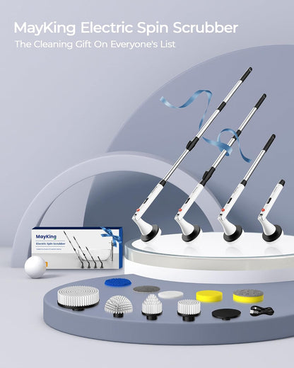 MayKing Electric Spin Scrubber with 9 Brush Heads, IPX7, Model Blue | 3-Angle & 4-Length Adjustable Cordless Power Scrubber, 3-Speed & Battery LED Display, for Bathroom, Tub, Floor & Tiles