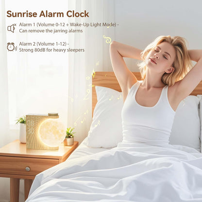 RETEYUNG Rotatable Moonlight Sunrise Alarm Clock,Sound Machines, Night Lamp for Bedrooms with Snooze, 10 Light Effects, 30/60/90 Timer, 10 Sleep Nature Sounds,15 Ringtones,12 Volume(Light Woodgrain)