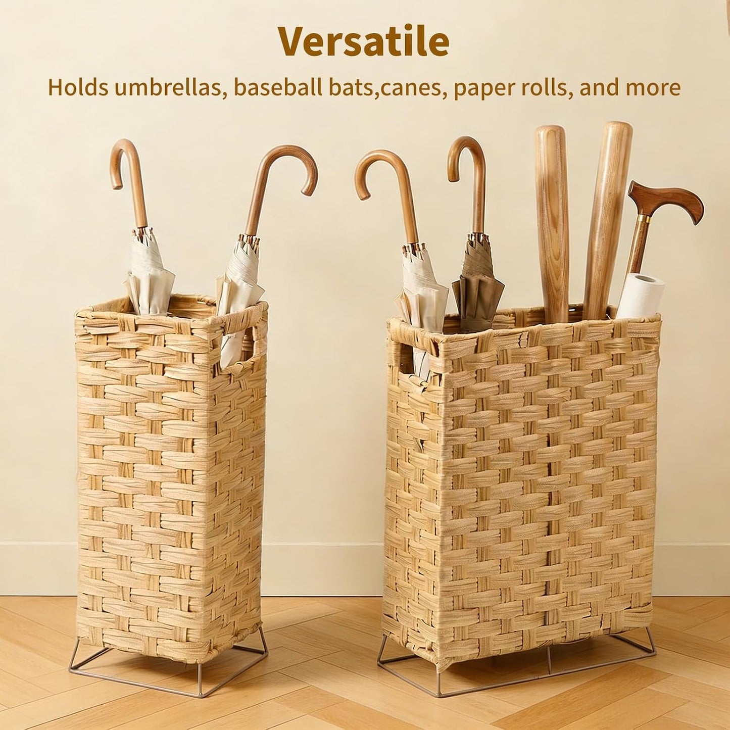 Rattan Umbrella Holder Basket Stand for Entryway | Handwoven, Indoor Umbrella Storage with Waterproof Base, Durable Metal Hooks & Removable Drip Tray