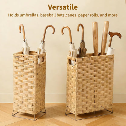 Rattan Umbrella Holder Basket Stand for Entryway | Handwoven, Indoor Umbrella Storage with Waterproof Base, Durable Metal Hooks & Removable Drip Tray