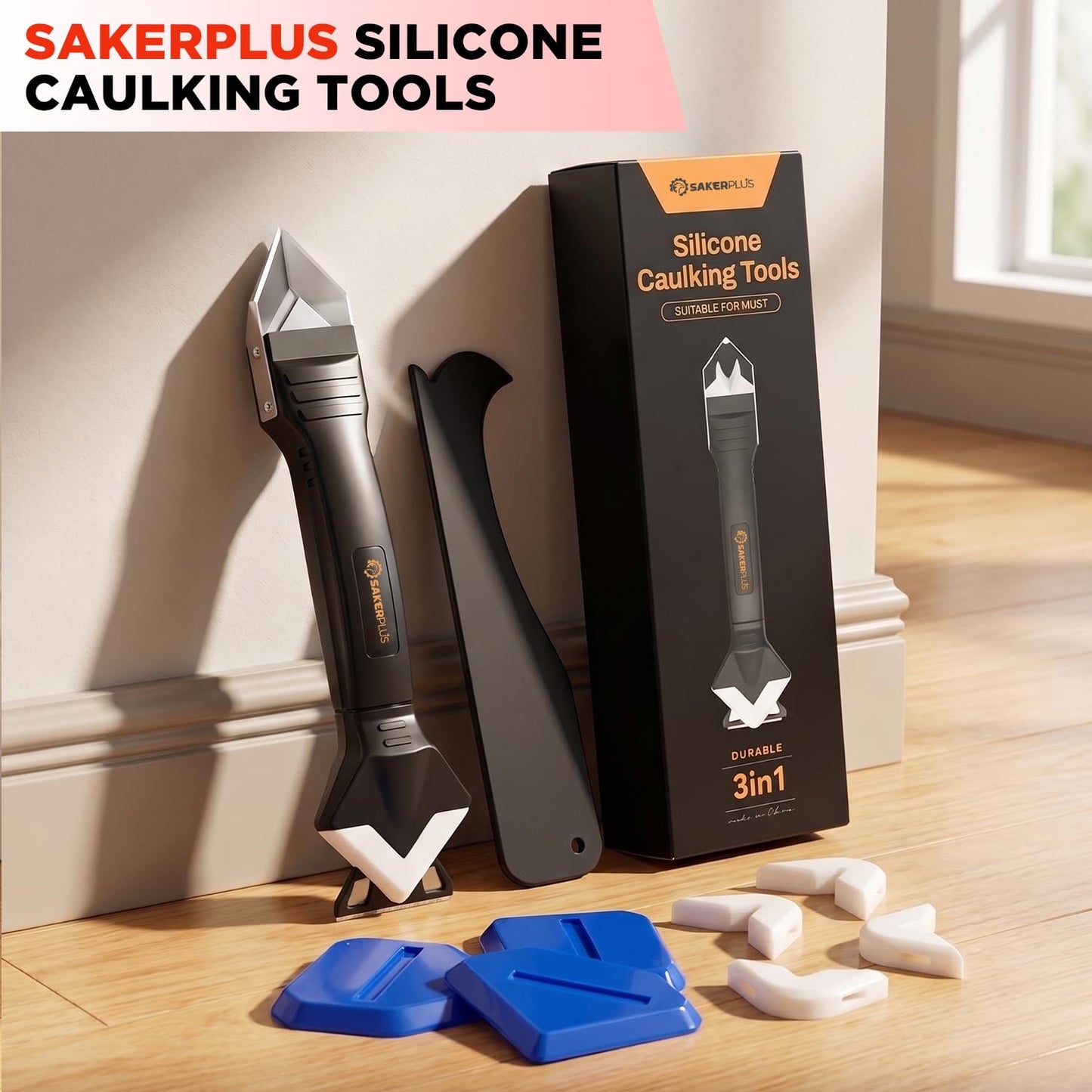 Sakerplus 3-in-1 Silicone Caulking Tools,Caulk Remover Tool and Caulk Finishing Tool Kit with Silicone Smoother,Nozzle Needle for Kitchen Bathroom Window Sink (Classic Black)