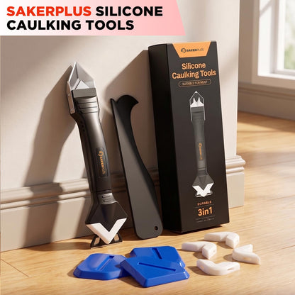 Sakerplus 3-in-1 Silicone Caulking Tools,Caulk Remover Tool and Caulk Finishing Tool Kit with Silicone Smoother,Nozzle Needle for Kitchen Bathroom Window Sink (Classic Black)