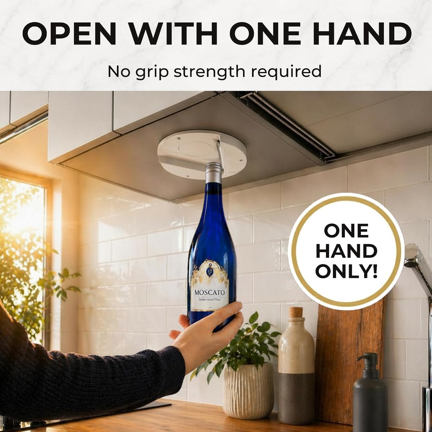 Under Cabinet Jar Opener for Weak Hands and Seniors with Arthritis, One Handed Heavy Duty Bottle and Lid Opener, Under Counter Mount Kitchen Gadget, High-Strength Adhesive and Screws Included