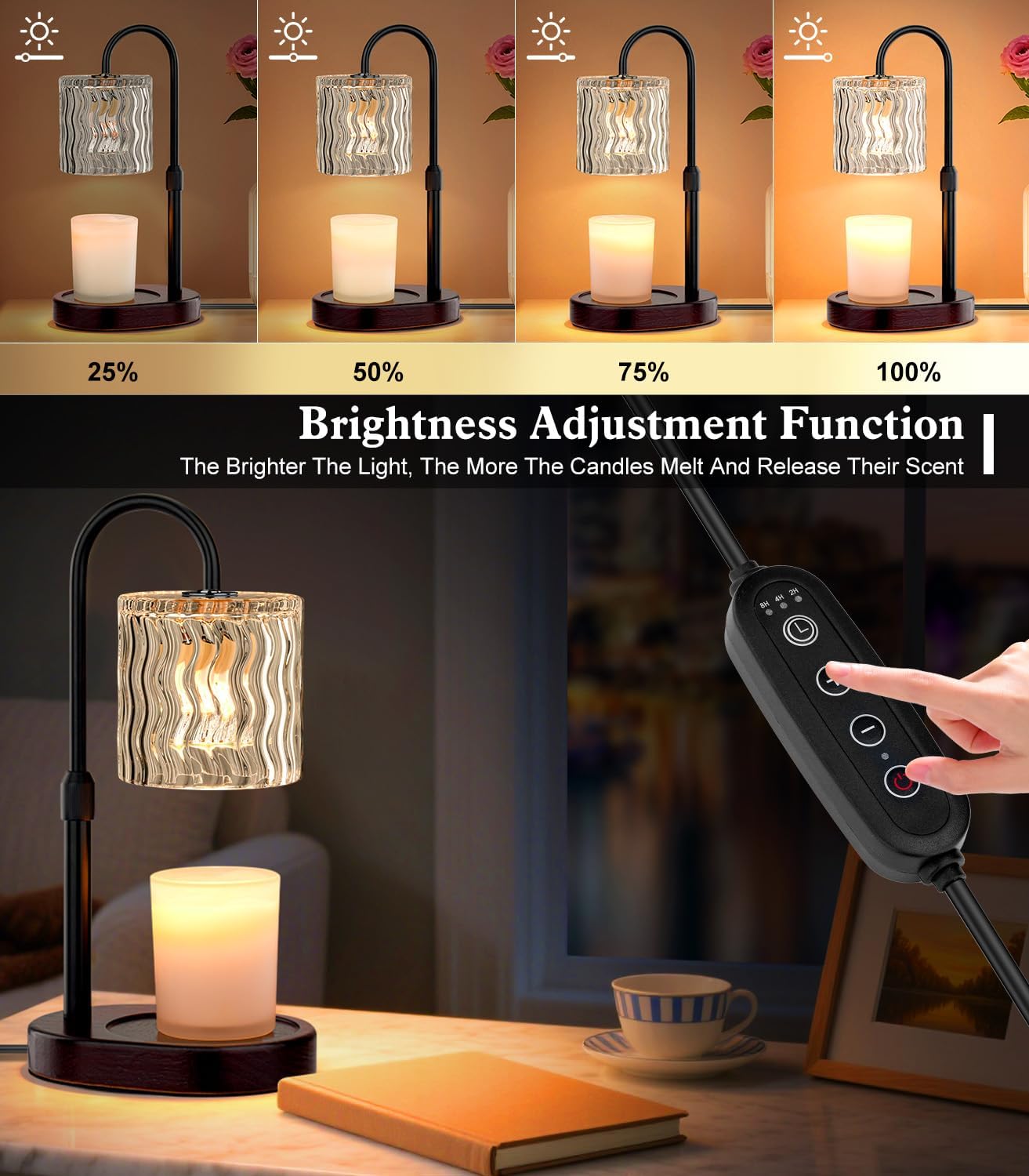 Candle Warmer Lamp Electric Timer: Dimmable Candles Warming Lamps - Height Adjustable Burner Jar - No Flame Scented Melts Wax - All Candle Jars Home Decor Table Light
