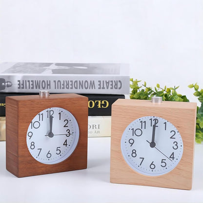 Wooden Analog Alarm Clock Silent Battery Operated with Night Light