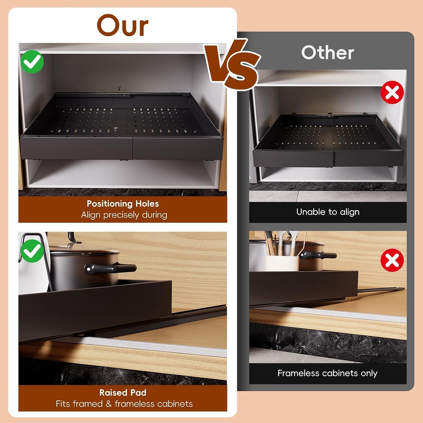 Pull Out Cabinet Organizer, 21"Deep Slide Out Drawers for Kitchen Cabinets | Adjustable Width 12.05"-20.4", For Framed/Frameless cabinets, No Drill Adhesive, 3‑Rail Smooth Glide, Height-Raising Pads