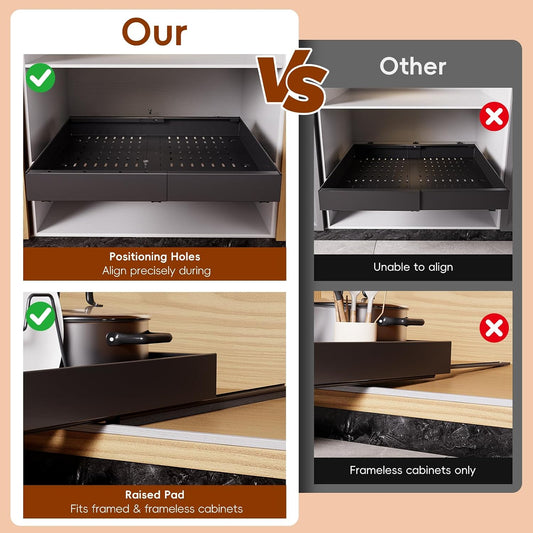 Pull Out Cabinet Organizer, 21"Deep Slide Out Drawers for Kitchen Cabinets | Adjustable Width 12.05"-20.4", For Framed/Frameless cabinets, No Drill Adhesive, 3‑Rail Smooth Glide, Height-Raising Pads