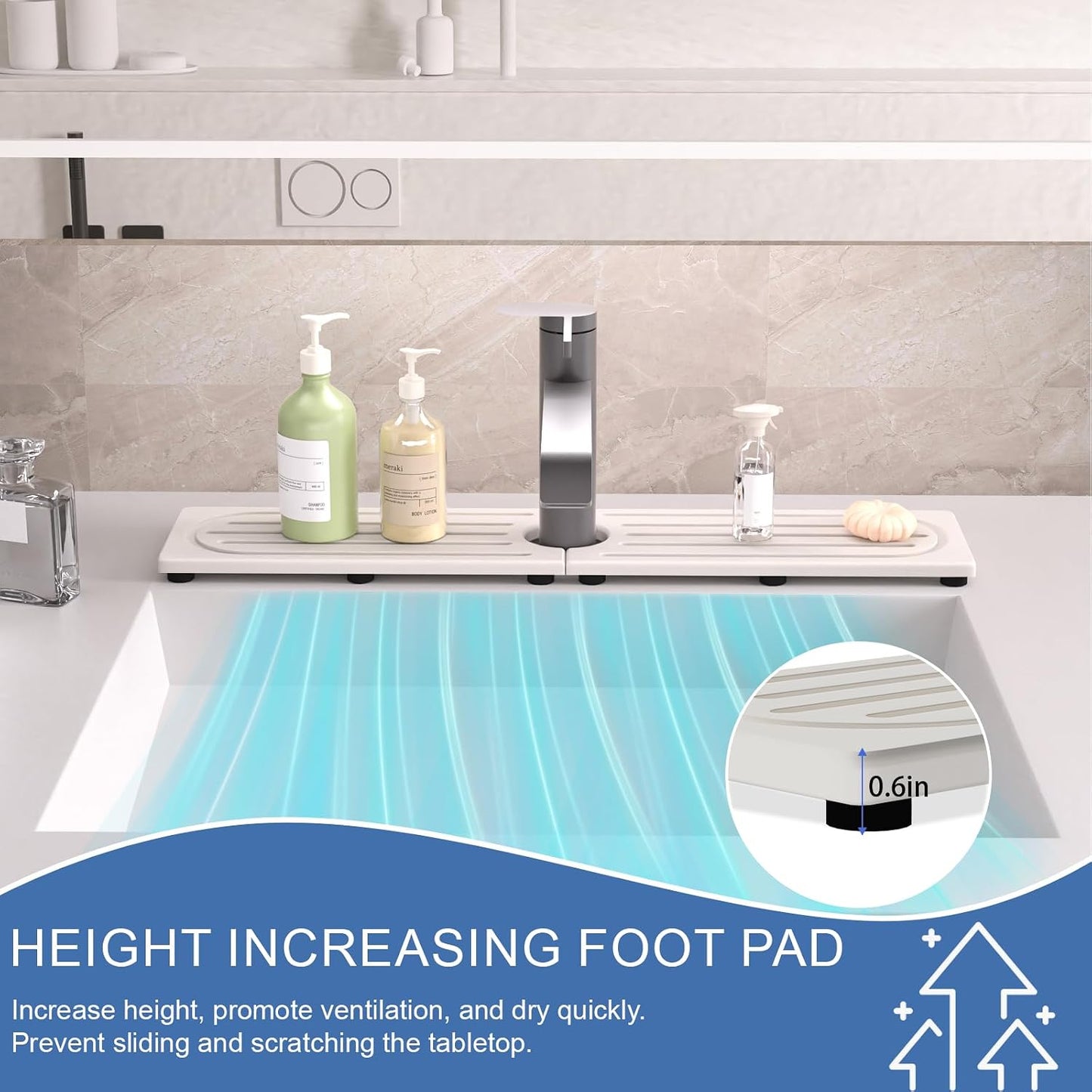 Faucet Mat for Kitchen Sink with Raised Feet, Stone Sink Mat Quick Dry around Faucet, Water Absorbent Stone Tray, Sink Splash Guard & Protectors, Stone Drying Mat for kitchen Counter