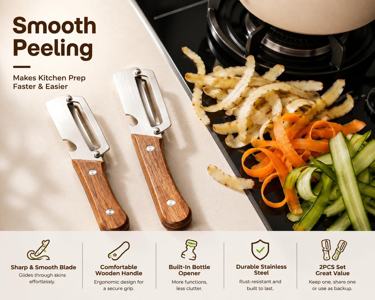 2PCS Vegetable Peeler, Stainless Steel Potato Peeler with Wooden Handle and Bottle Opener, Manual Fruit & Vegetable Peeler for Carrots, Apples, Cucumbers and Kitchen Meal Prep