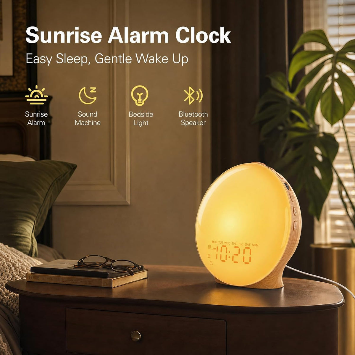 JALL Full-Screen Wake Up Light Sunrise Alarm Clocks for Bedrooms, White Noise Machine for Heavy Sleepers, 25 Natural Sounds, Dual Alarms, FM Radio, 17 Dimmable Colors, Bluetooth Speaker