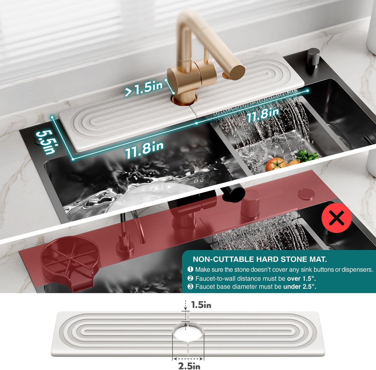 Stone Faucet Mat for Kitchen Sink – Diatomite Drying Stone Mat & Sink Protector, Prevents Moisture – Sink Splash Guard Water-Absorbing Stone Tray for Bathroom Counter (Light Grey, 20" x 3.9")