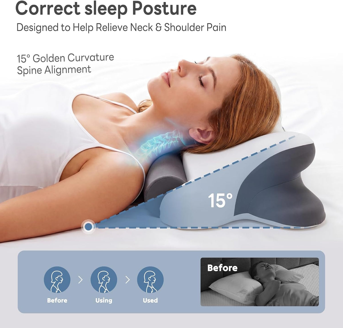 DUMOS 2-in-1 Contoured Neck Pillow, Slow Rebound Cooling Memory Foam with Detachable Round Support Roll, Multi Support Bolster for Neck Waist Ankle, Washable Cover for Side Back Stomach Sleepers White