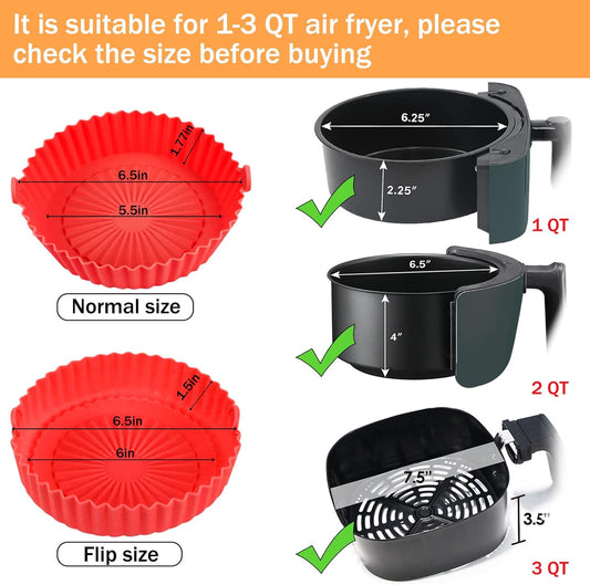 2 Pack Air Fryer Silicone Liners Basket Round, Apply to 1-3.5 QT Airfryer, Air Fryer Silicone Pot Bowl, Reusable Baking Tray Cooking Oven Accessories (Top 6.5in / Bottom 5.5in)