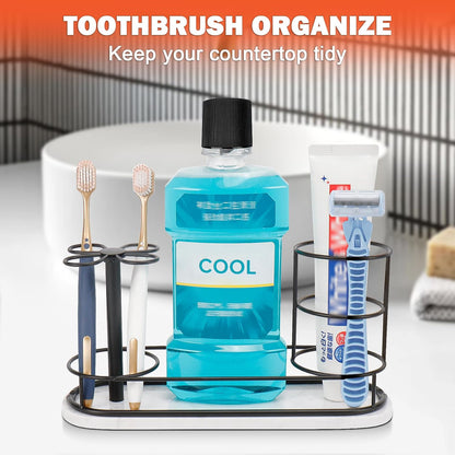 Toothbrush Holder Stand for Bathroom, Metal Toothbrush Organizer with Marble Base, Toothbrush Storage Collection for Family, Suitable for Home Hotel Countertop Vanity (Small, Matte Black)