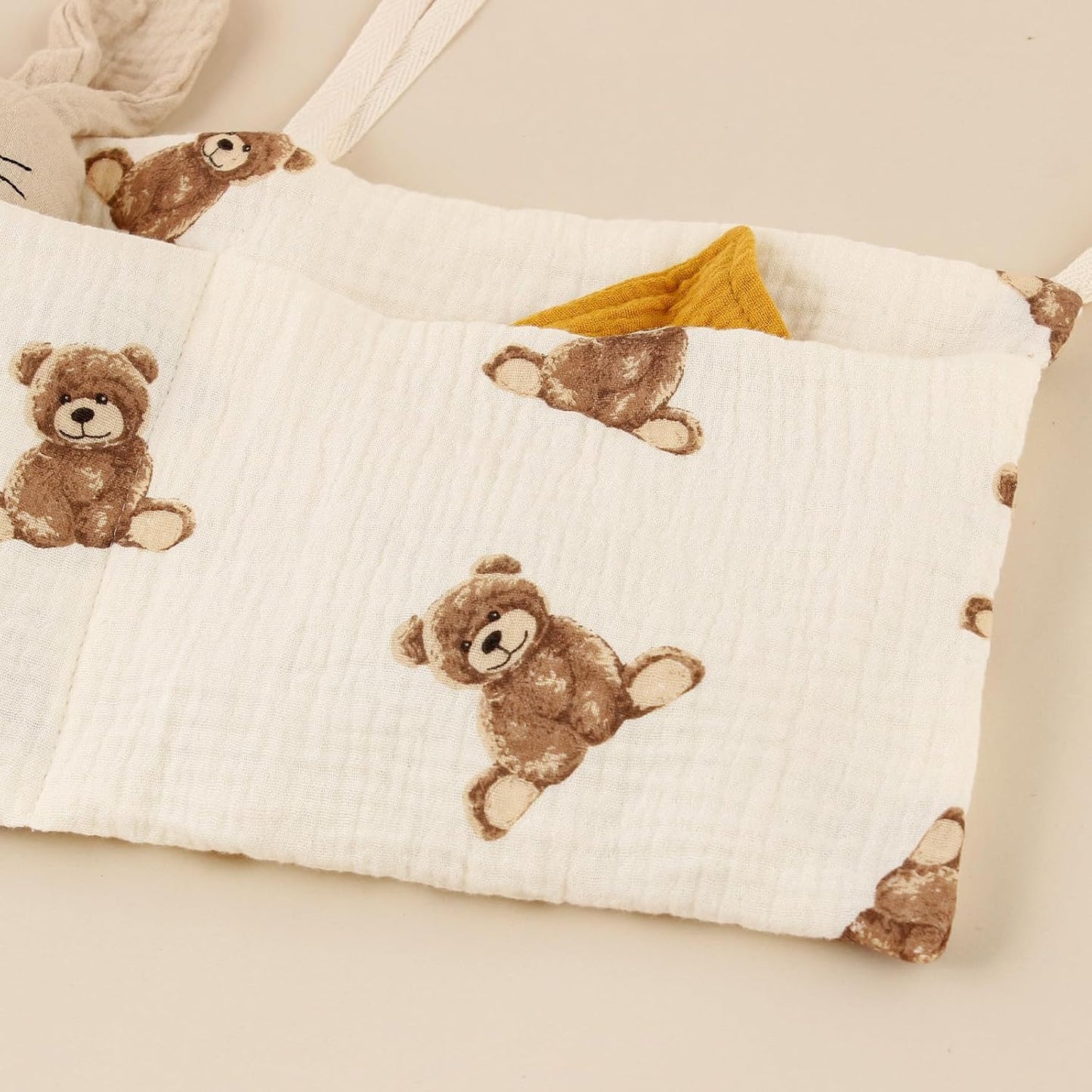 Baby Bedside Hanging Storage Bag Muslin Cotton Teddy Bear, Crib Diaper Caddy Organizer 2 Pockets, Nappy-Dormitory Nursery Organization Holder for Cribs, Playard or Wall Milk Bottle Bib Organizing