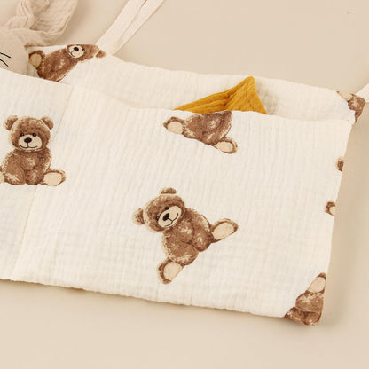 Baby Bedside Hanging Storage Bag Muslin Cotton Teddy Bear, Crib Diaper Caddy Organizer 2 Pockets, Nappy-Dormitory Nursery Organization Holder for Cribs, Playard or Wall Milk Bottle Bib Organizing