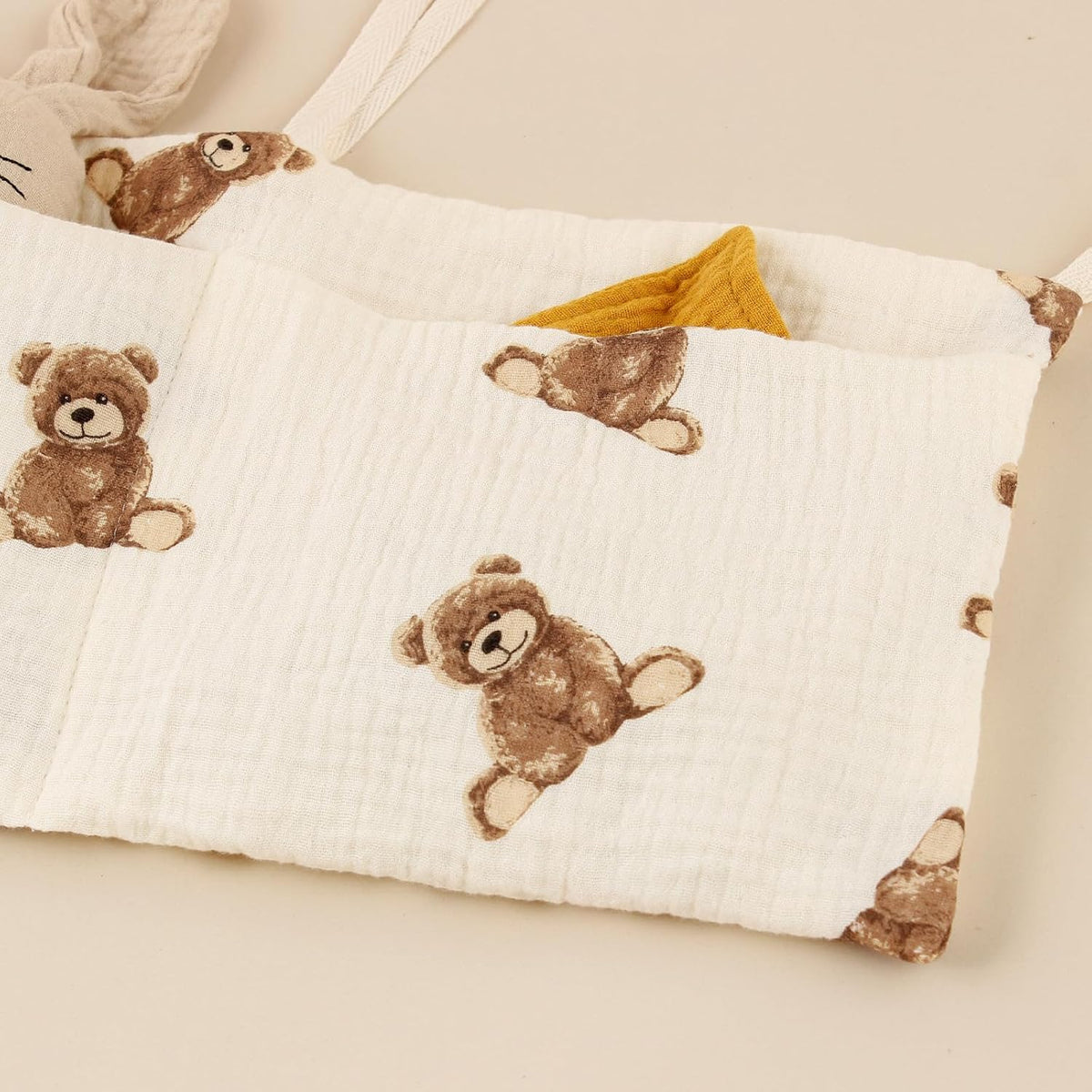 Baby Bedside Hanging Storage Bag Muslin Cotton Teddy Bear, Crib Diaper Caddy Organizer 2 Pockets, Nappy-Dormitory Nursery Organization Holder for Cribs, Playard or Wall Milk Bottle Bib Organizing