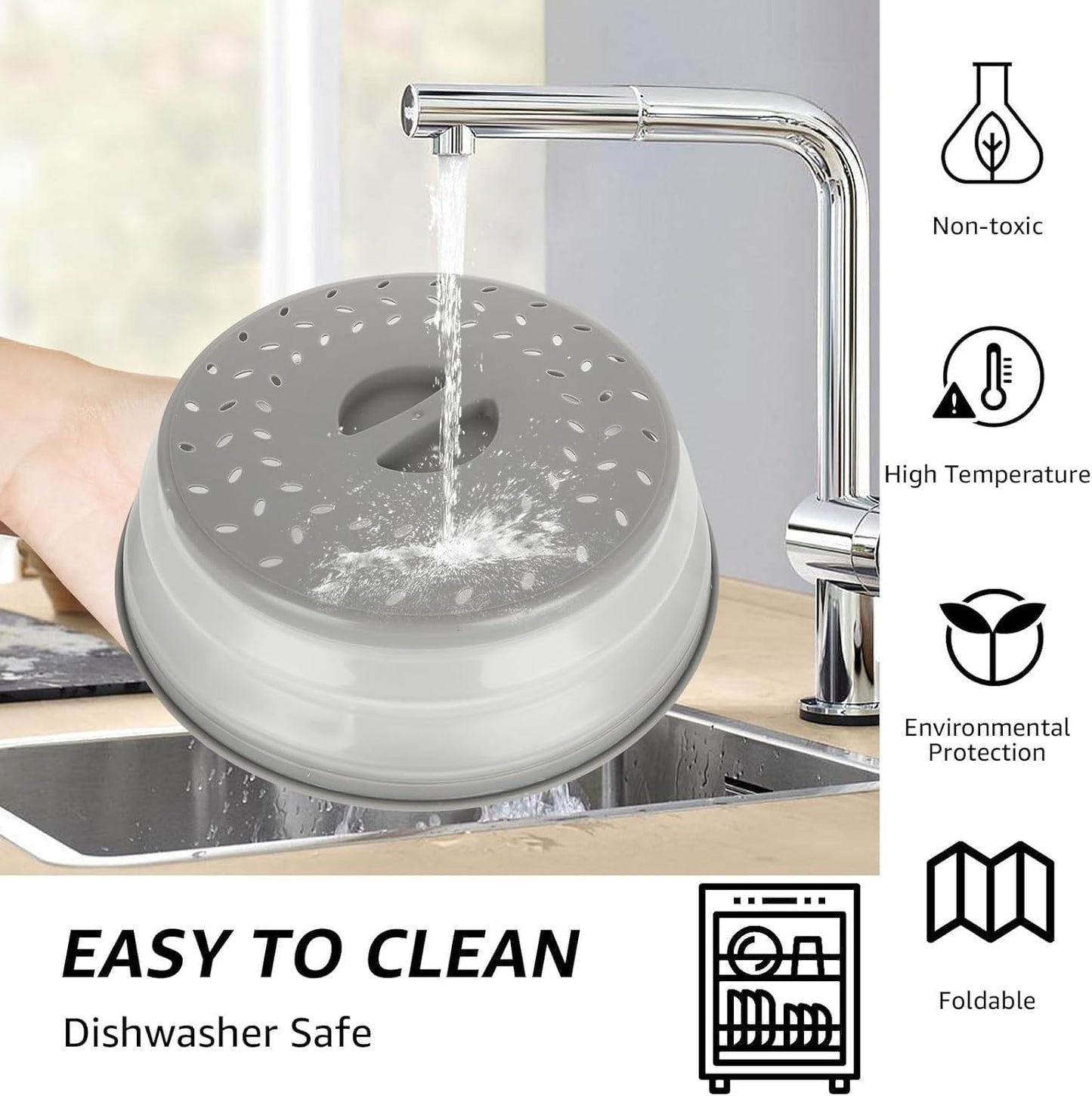 Collapsible Microwave Splatter Cover Microwave Cover for Food with Steam Vent Dishwasher-safe BPA-Free (Grey)