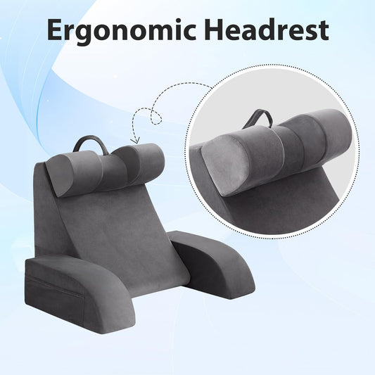 19" Reading Pillow for Bed with Back Support & Big Pockets, Grey