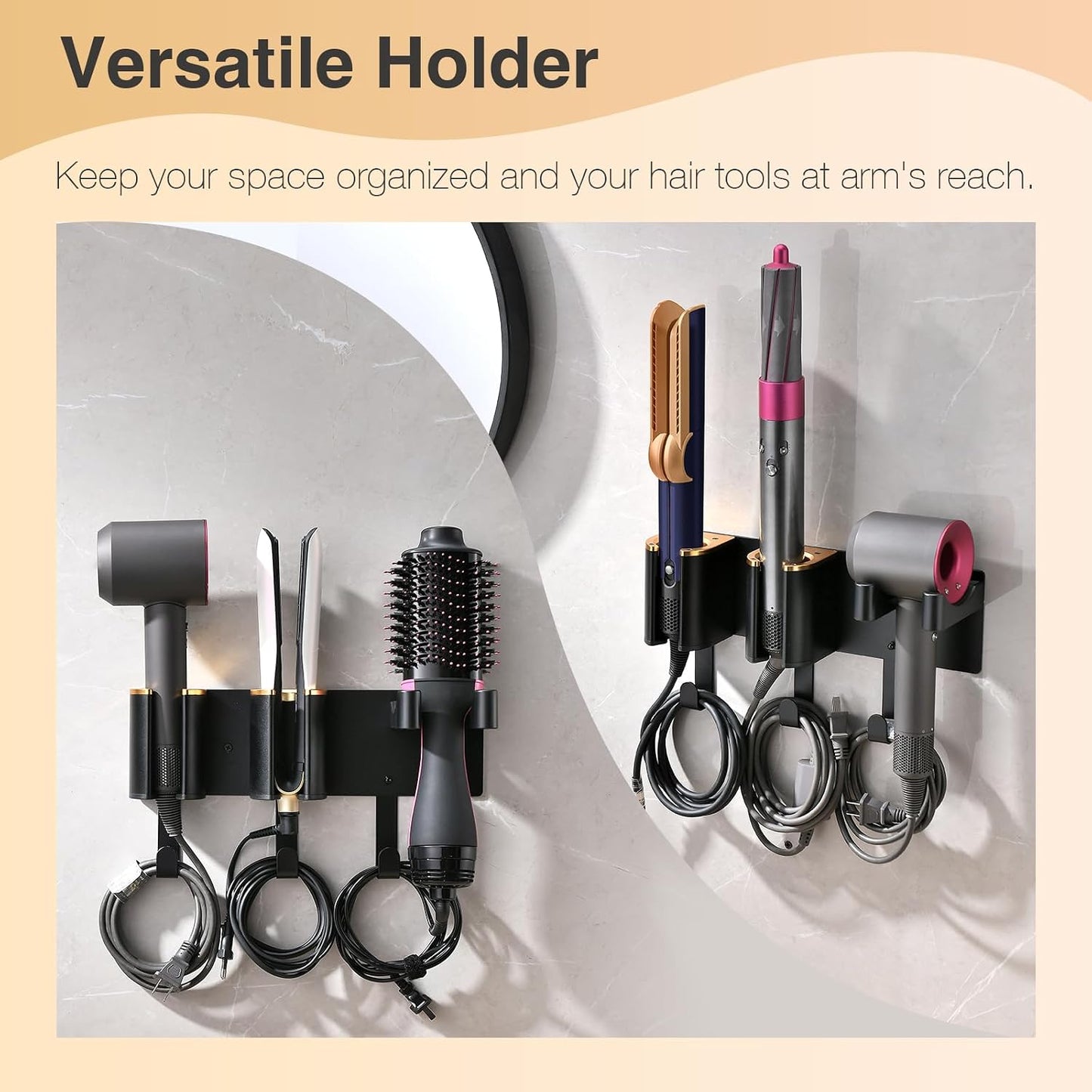 Hair Tool Organizer Wall Mount, Hair Dryer & Curling Iron Storage | 3-Compartment Blow Dryer and Straightener Holder, Screw Mounting, Aluminum Alloy & ABS, White (Hair Tools Not Included)
