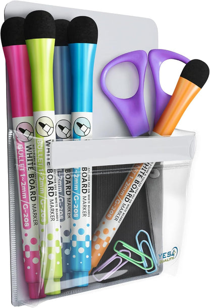 YES4QUALITY Magnetic Pen Holder for Refrigerator with Strong Magnetic Back, Dry Erase Marker Holder Ideal for Whiteboard & Fridge, Clear & White Pencil Cup