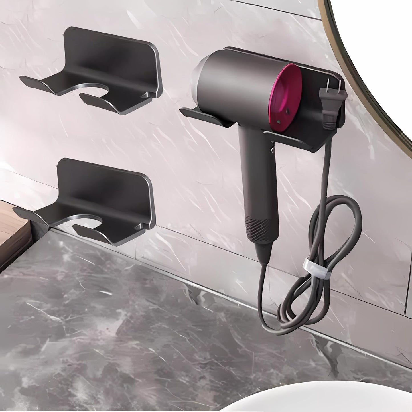 Universal Hair Dryer Holder, Self Adhesive Wall Mount, White | Universal storage rack fits most brand blow dryers, ideal for bathroom organization