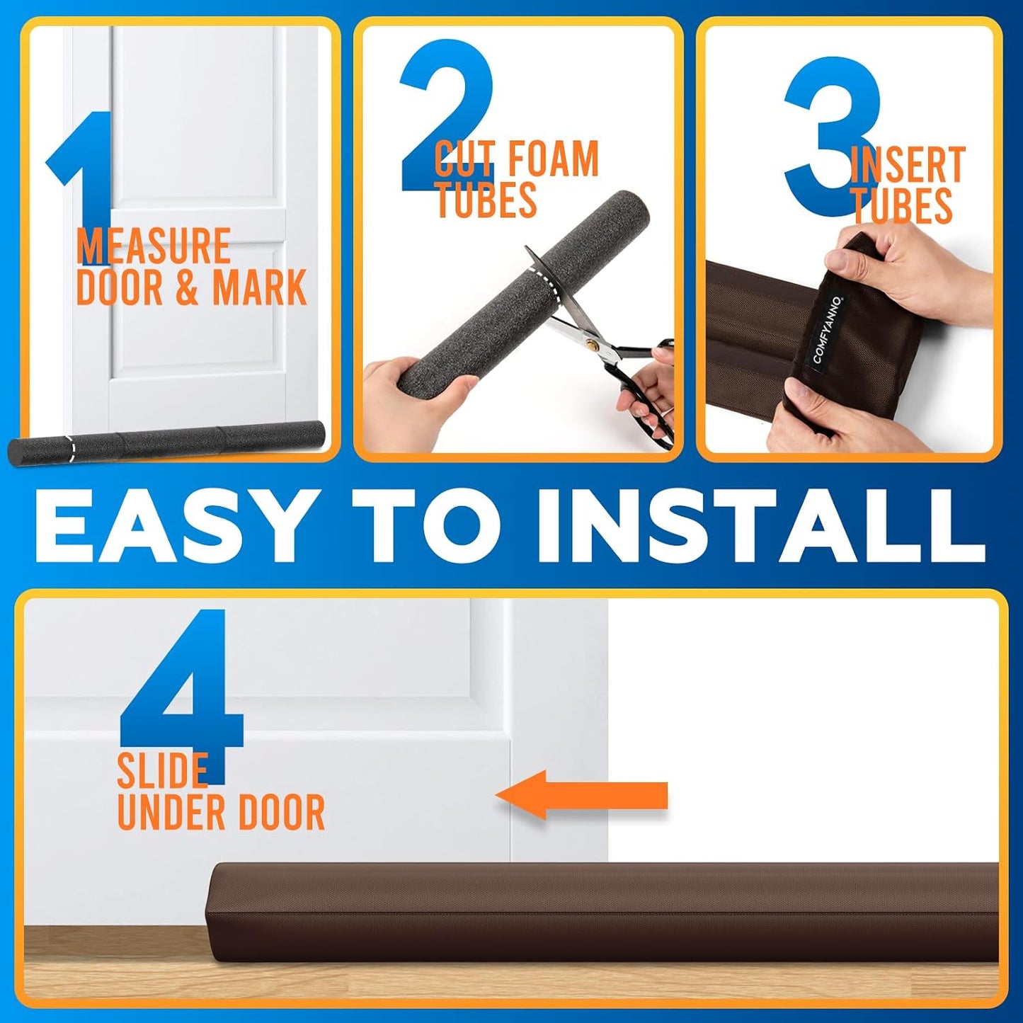 Comfyanno Under Door Draft Stopper - Bottom Door Gap Filler & Seal - Fits 30” to 36” Door, Double Side Block Noise, Sound, Air, Bugs, Dust, Easy to Install, No Adhesive, Black