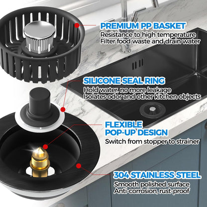 3 in 1 Kitchen Sink Drain Strainer Stopper Removable Basket Pop-Up | Kitchen Sink Food Strainer 1 Pack Silver Stainless - Food Catcher, Odor-Block Seal, Fits 3.5" Drain, Easy Clean