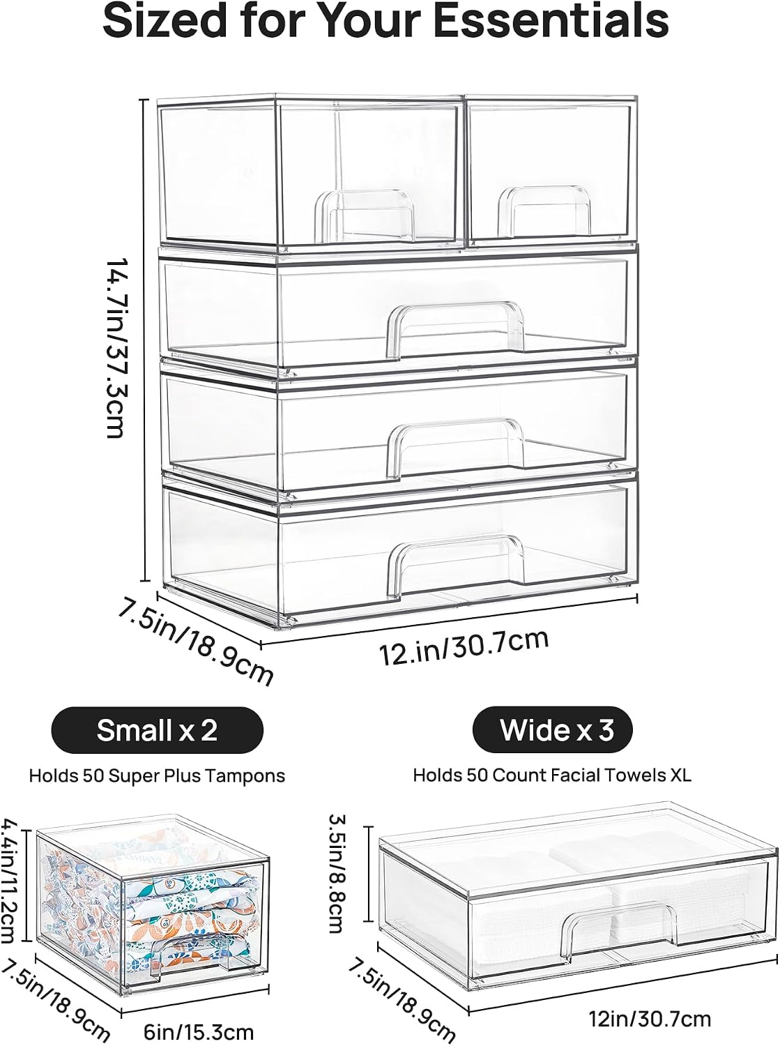 Vtopmart Clear Stackable Storage Drawers Set of 6, Plastic Organizer Bins | Multi-purpose Boxes for Bathroom Accessories Storage, Ideal for Cabinet, Shelf, Pantry, Laundry Room Organization
