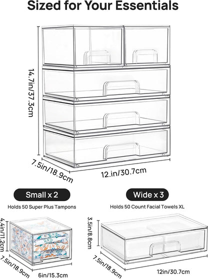 Vtopmart Clear Stackable Storage Drawers Set of 6, Plastic Organizer Bins | Multi-purpose Boxes for Bathroom Accessories Storage, Ideal for Cabinet, Shelf, Pantry, Laundry Room Organization