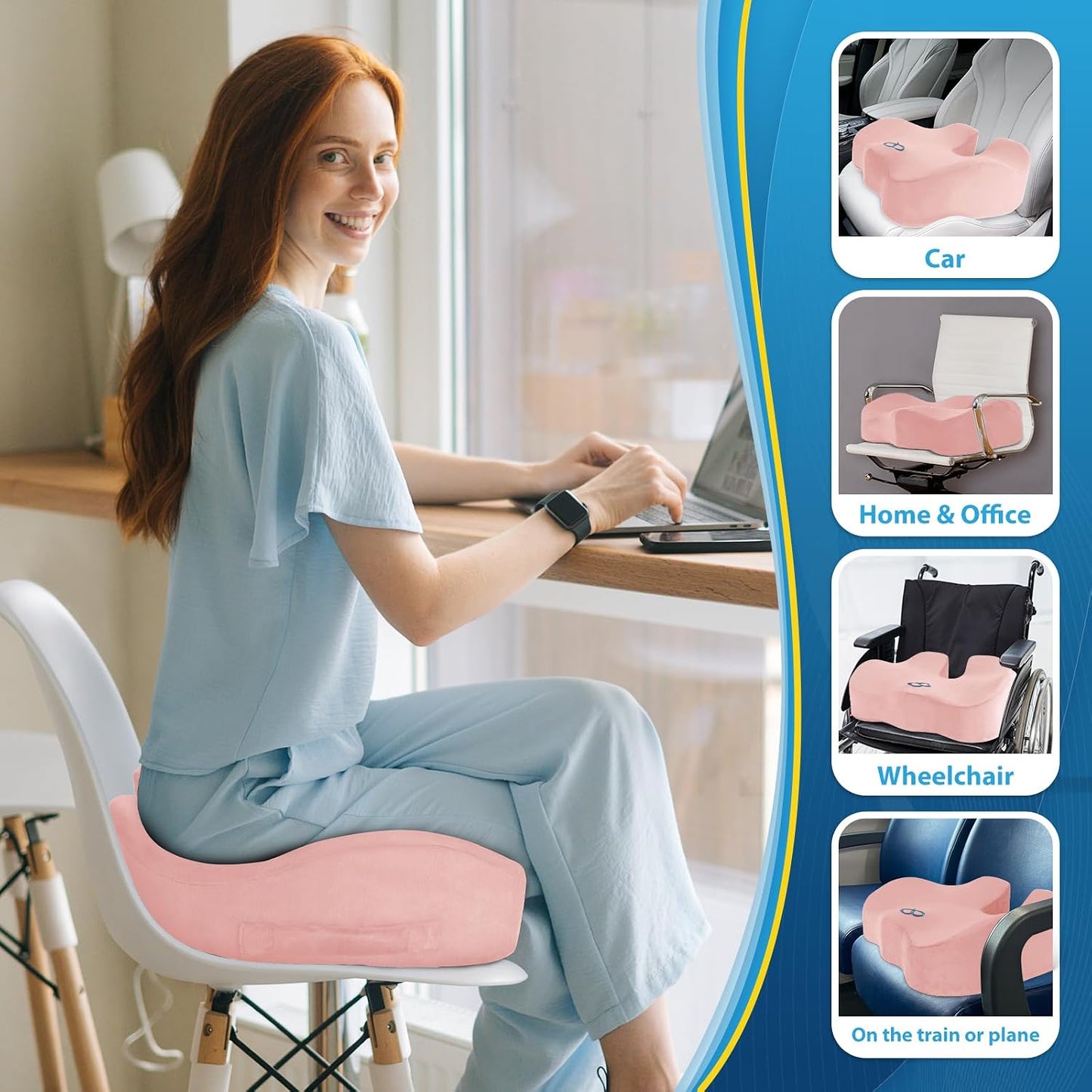 BlissTrends Memory Foam Seat Cushion for Office Chair & Car Seat, Black | 4.7in Ergonomic Tailbone & Sciatica Support with Removable Velvet Cover for Pressure Relief and Long Sitting Comfort