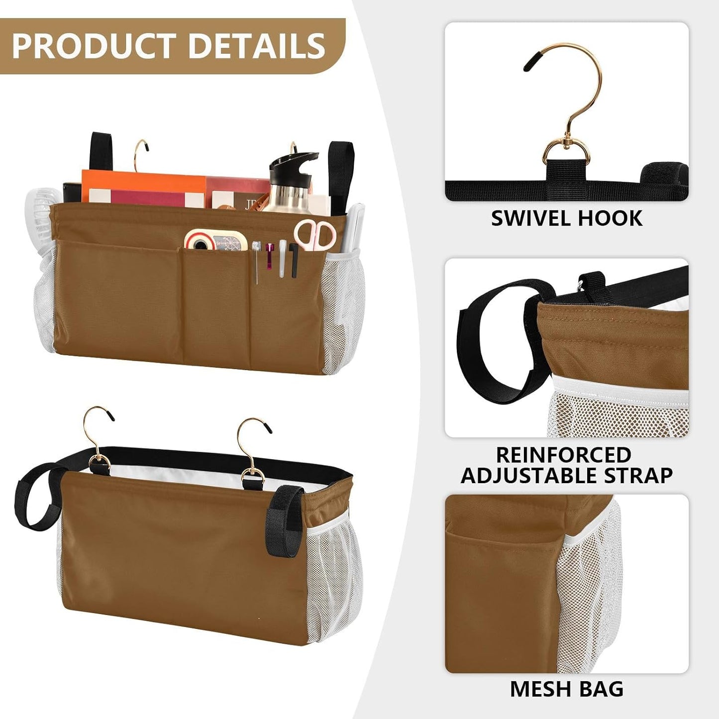 Black Bedside Caddy Storage Bag Bedside Organizer for Bed Rails College Dorm Room Organizer Caddy Hanging Shelf 6 Pockets with Hooks for Drinks Magazine Phone Holder