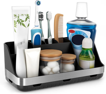 GFWARE Black Toothbrush Holder - 7 Slots Bathroom Organizer Countertop with Drainage Matte Black Electric Toothbrush and Toothpaste Holder for Bathroom Accessories Sink Storage
