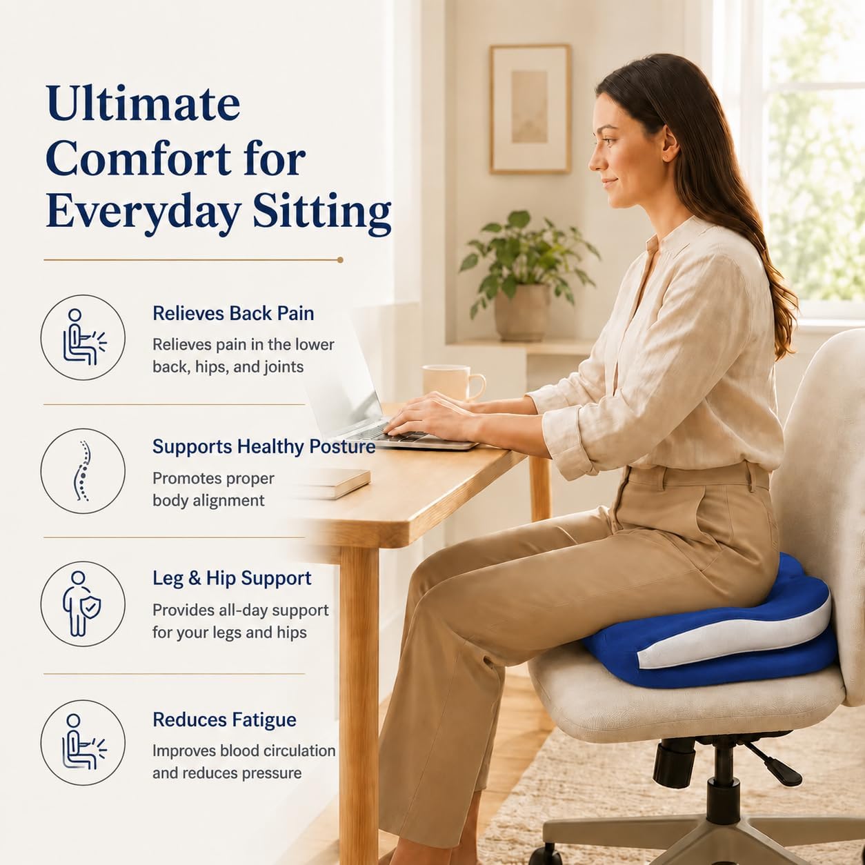 Memory Foam Ergonomic Seat Cushion for Office Chairs Pain Relief | Suitable for prolonged sitting, relieves tailbone pain, fits office chairs, wheelchairs, car seats and computer desk chairs