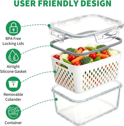 Vegetable Containers for Fridge, Stay Fresh Fruit Vegetable Storage Containers with Lid and Removable Colander, Stackable Vegetable Storage for Berry Salad Lettuce Vegetables Meat Various Food, 3PCS