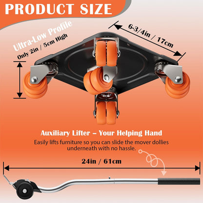 Heavy Duty Furniture Movers with 5-Wheel Dollies, Furniture Dolly Set with Lifter & Base, 360° Swivel Casters, Non-Slip Pads, Up to 2000 lbs Load Capacity