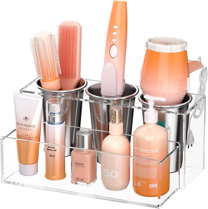 NIUBEE Acrylic Hair Tool Organizer,Hair Blow Dryer Holder with 3 Cups,White | Acrylic Hot Tools Organizer,Hair Organizer Storage Countertop,Blow Dryer Holder for Curling Iron,Brush, Straightener,Bathroom