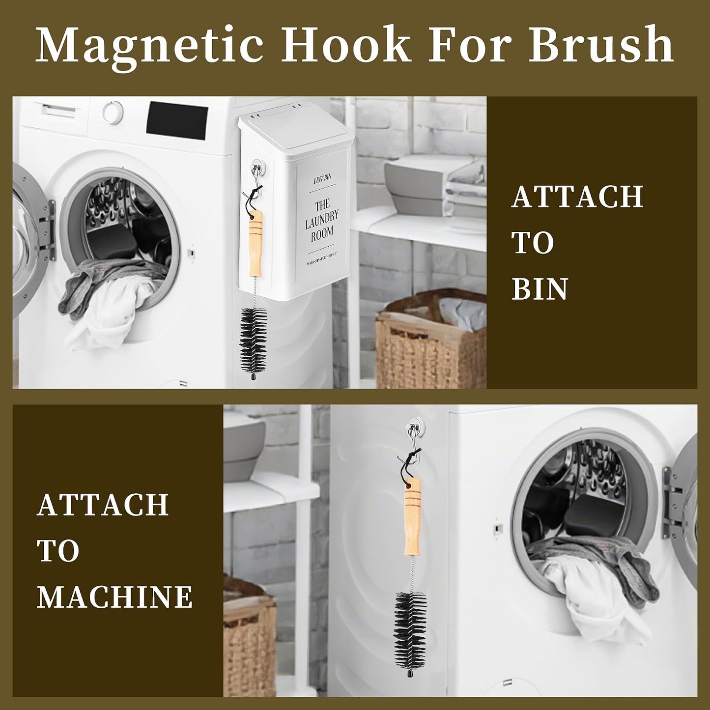 Magnetic Lint Bin for Laundry Room, Metal Lint Trash Can with Lid and Brush, Wall Mounted Lint Box for Dryer, Farmhouse Laundry Room Decor, Black