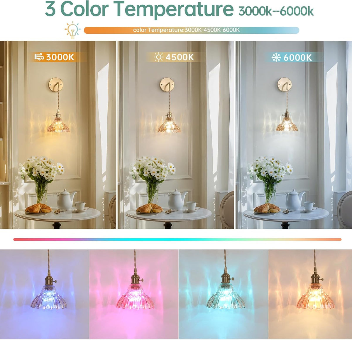 Shenmoyl Battery Operated Wall Sconce Wall Lamp with Green Lily of the Valley Shade Pattern Glass Adjustable Chain Retro Gold Wall Mounted Light, Modern Wall Lamp Fixtures Decor for Bedside Bedroom