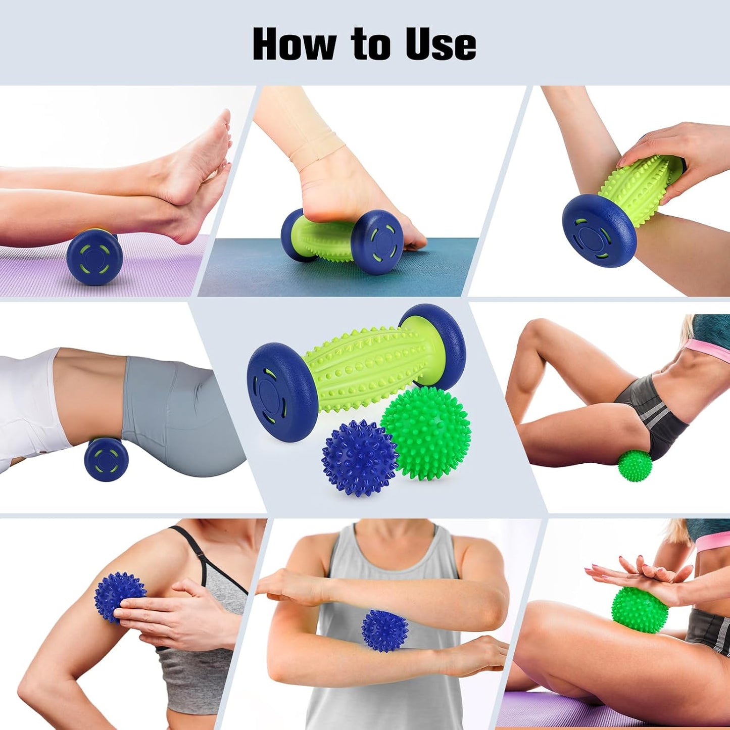 Maliton Massage Ball Set - 3 in 1 - with Foot Roller & Spiky Balls | Relieves plantar fasciitis, heel spurs, muscle pain, Ergonomic deep tissue roller, For feet, back, neck, Durable