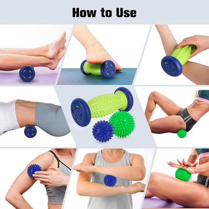 Maliton Massage Ball Set - 3 in 1 - with Foot Roller & Spiky Balls | Relieves plantar fasciitis, heel spurs, muscle pain, Ergonomic deep tissue roller, For feet, back, neck, Durable