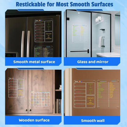 Non-Magnetic Fridge Calendar Set, Reusable Dry Erase Monthly Weekly Planning Boards, Transparent Chore Chart Sticks to Wall, Glass, Door, Any Smooth Surfaces(Month+Week+List)
