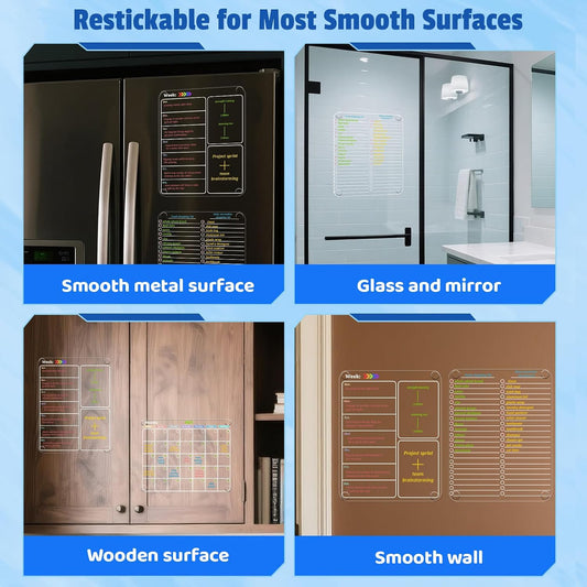 Non-Magnetic Fridge Calendar Set, Reusable Dry Erase Monthly Weekly Planning Boards, Transparent Chore Chart Sticks to Wall, Glass, Door, Any Smooth Surfaces(Month+Week+List)