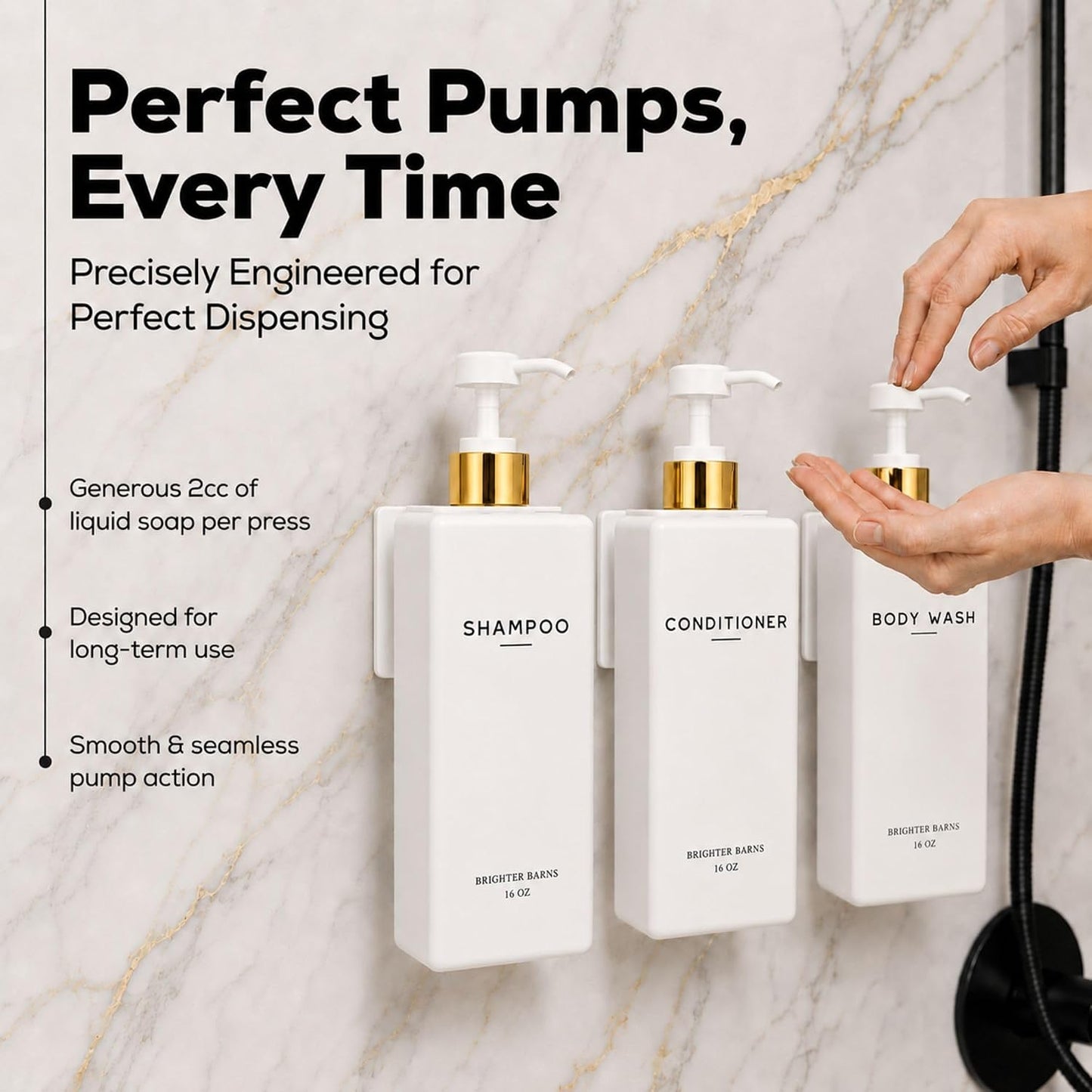 Clear Shampoo and Conditioner Dispenser Set Wall Mounted by Brighter Barns - Refillable Shower Soap Dispensers 3 Chamber No Drill - Plastic Shampoo, Body Wash and Conditioner Bottle for Hotels (Clear)