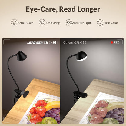 LEPOWER Clip on Light, Reading Lights for Books in Bed, 400LM, RG0 Eye-Care | 5 Colors & Stepless Dimming, Amber Glow Light & Auto Timer, Up to 2.3" Strong Clamp with Adapter for Headboard, Bedside, Desk